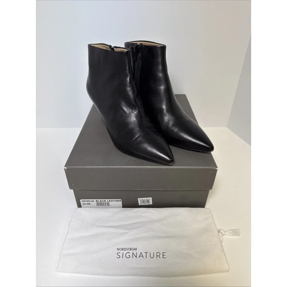Nordstrom Signature Flora Ankle Bootie Genuine Leather Black Size US 5.5 EU 35.5